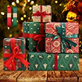 12 stili carta da regalo natalizia kraft 50 x 70 cm, DRAMBOR carta regalo di Natale Kraft riciclata con nastro ...