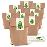 25 piccoli sacchetti di carta marrone naturale di Natale 14 x 22 x 5,6 cm + 25 lunga adesivi etichette Rosso Verde Beige per albero ...