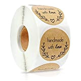 500 Pezzi Round Baking Sticker,Etichette Adesive Realizzate a Mano con Amore,Round Sticker Kraft,Etichette Autoadesivo Handmade with Love (B)