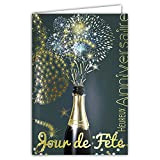 Afie - Biglietto d'auguri per compleanno, giorno di festa, bottiglia di champagne, vino bianco, scintillante, motivo: fuoco d'artificio a stelle, ...