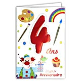 Age MV 69 – 2004 scheda di buon compleanno 4 anni bambino ragazzo ragazza motivo Clown regalo uccello torta Cupcake pittura Pennelli arcobaleno