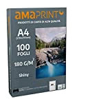 Amaprint 100 fogli di carta fotografica A4 lucida 180g/m² per stampante inchiostro - alta brillantezza - impermeabile