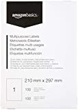 Amazon Basics - Etichette Multiuso, 210.0mm x 297.0mm, 100 fogli, 1 etichette per foglio, 100 etichette