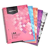 Amazon Basics - Quaderno con rilegatura a spirale, colori assortiti, 70 fogli/140 pagine, formato A4, 90 g/m², (confezione da 5)