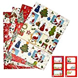 ARKRAFT carta da regalo natale natalizio format XXL 4 fogli + 6 sticker chiudipacco (Nat5+Stickers)