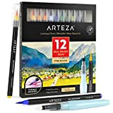 ARTEZA Pennarelli Acquarello Professionali, set di 12, toni paesaggistici, pennarelli per disegnare sfumabili per acquerello e 1 pennello ad acqua, ...
