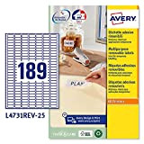 Avery Italia L4731REV-25 Etichette Rimovibili, 189 Etichette per Foglio, 25 Fogli, 25.4x10, Bianco