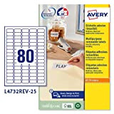 Avery L4732REV-25 Etichette Rimovibili, 80 Pezzi per Foglio, 25 Fogli, 35.6 x 16.9, Bianco