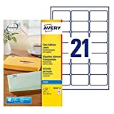 Avery-Zweckform Avery J8560-25 Etichette adesive trasparenti, formato etichetta 63,5x38.1mm, 21 etichette per foglio, adesivo permanente, stampanti inkjet, 25 fogli per ...