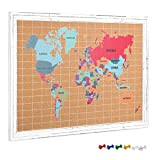 Bacheca Planisfero Politico Sughero 60x90cm - Lavagna Memo-Board con Cartina Geografica Politica Multi-colore Globo Terrestre - Mappa Mondo con 6x ...