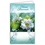 Biglietto di auguri per compleanno, con fiori bianchi, motivo gerbera, con farfalle, cuori blu, turchese lucido