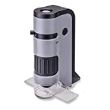 Carson MicroFlip 100x-250x microscopio tascabile con luci UV e LED, base a scorrimento ribaltabile e clip per digiscoping per smartphone
