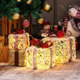 COSTWAY Set di 3 Scatole Regalo Illuminate di Natale, Scatole Regalo Decorativa a LED con Fiocchi Rossi, 60 Luci Calde ...