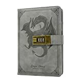 Diario in pelle con dragon, diario con blocco a combinazione, quaderno a righe, carta vuota, B6, cancelleria, colore: grigio