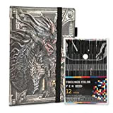 Dragon - Taccuino a punteggiata in pelle con penna a 12 colori, formato A5, copertina rigida, 200 pagine, penna multicolore, ...