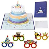 FAPUMOE Biglietto di auguri di compleanno pop-up 3D e 4 bicchieri di buon compleanno, biglietto pop-up con design di torta ...