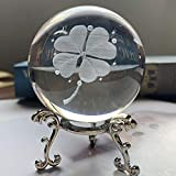 Hdcrystalgifts, Fermacarte a forma di sfera di cristallo con incisione 3D con quadrifoglio, con supporto floreale placcato in argento, 60 ...
