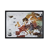 Mappa dell'Europa con Cornice in Legno e Perni, 100 spilli BONUS, La Mappa è Pronta per Essere Appesa al Muro, ...