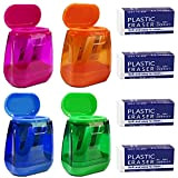 Maxin - Set di 4 temperamatite e 4 gomme da cancellare, temperamatite con doppio foro colorato e tappo, per scuola, ...