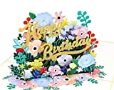 MOKIO® Biglietto Compleanno Pop-Up – Happy Birthday Fiori – Biglietto regalo 3D per un compleanno, Carta di compleanno con busta