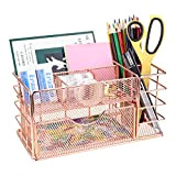 MORIGEM - Organizer multifunzione da scrivania in metallo con cassetto, ideale per penne, lettere, documenti e cosmetici, colore: oro rosa