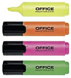 OFFICE PRODUCTS - Confezione da 4 evidenziatori, colore: Giallo, Arancione, Rosa, Verde/Highlighter, inchiostro atossico, punta a scalpello, colori luminosi, spessore ...