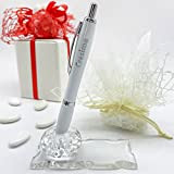 Penna in metallo bianco con dettagli cromati e scritta in argento "Cresima" accompagnato da portapenne in vetro, bomboniere fai da ...