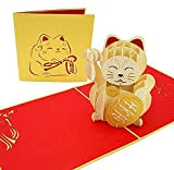 PopLife Cards Maneki-neko gatto fortunato biglietto d'auguri pop-up tradizionale giapponese ricchezza decorazione, accogliente calicò pieghe piatto per mailing compleanno, guarire, ...