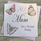 WHITE COTTON CARDS-Album Fotografico Realizzato a Mano, 80 Have a Wonderful Birthday Mum, Motivo: Farfalle Vintage, 80° Compleanno, Colore: Bianco