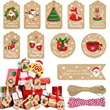 yumcute 100 etichette regalo natalizie Kraft, etichette natalizie in carta kraft marrone, etichette appese natalizie con filo di cotone e ...