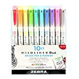 Zebra Mildliner - Pennarelli brush pen a doppia estremità, a pennello e a punta fine, colori assortiti, confezione da 10